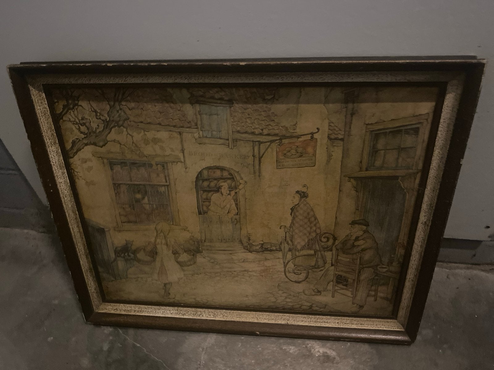 Oud Hollands Stadsgezicht Schilderij - Ingelijst, Oud hollands, Ophalen of Verzenden, Tekening, Ingelijst