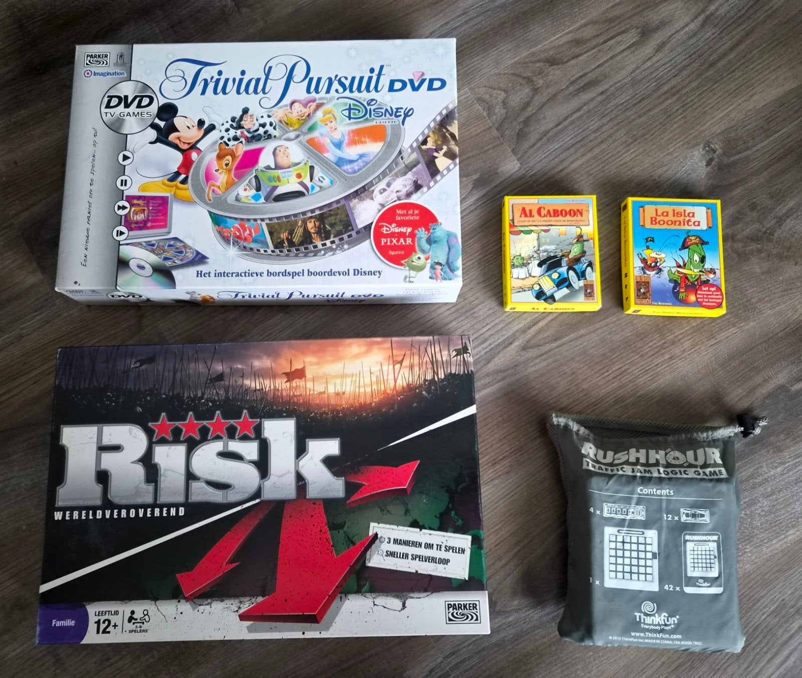 Bordspellen set: Trivial Pursuit, Risk, Rush Hour en meer, Parker, ThinkFun, Ophalen of Verzenden, Zo goed als nieuw, Een of twee spelers