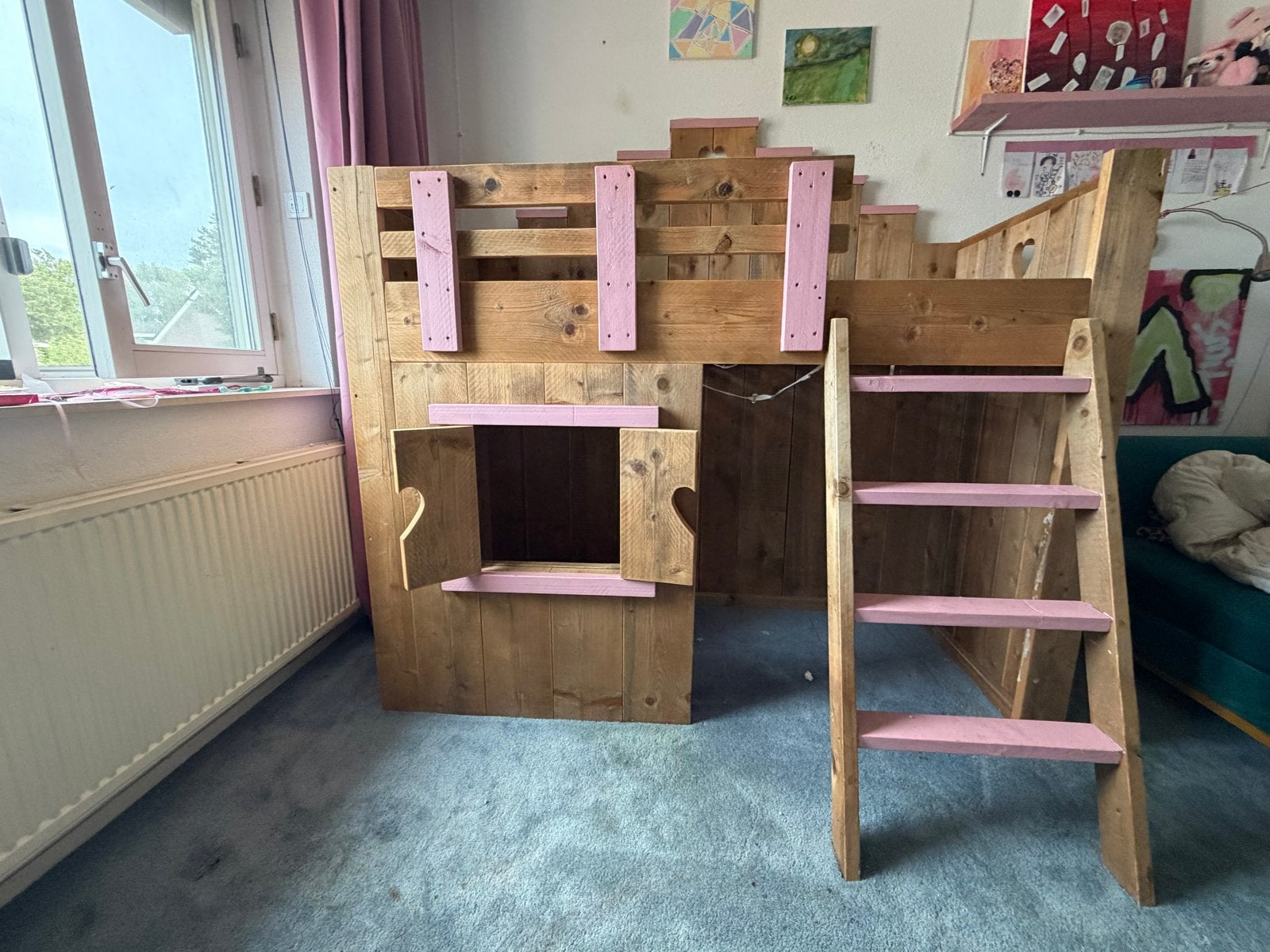 Stevige steigerhouten hoogslaper met speelruimte, Huis en Inrichting, Gebruikt, Hoogslaper, Eenpersoons, Ophalen of Verzenden