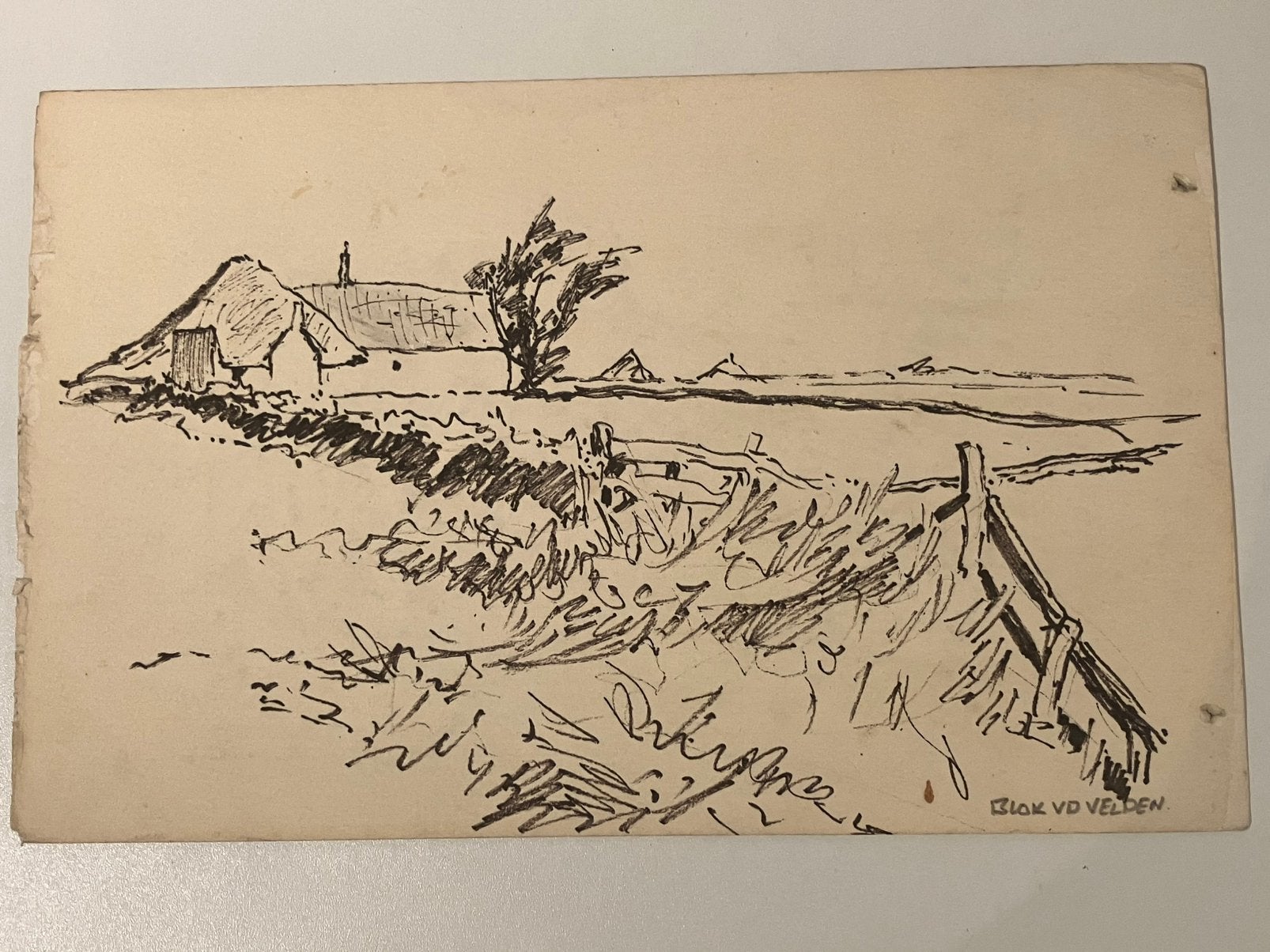 Blok vd Velden -  Texelse boerderij Rozenhout @Hoge Berg, Ophalen, 33 cm, 1950 - 1999, Overige technieken