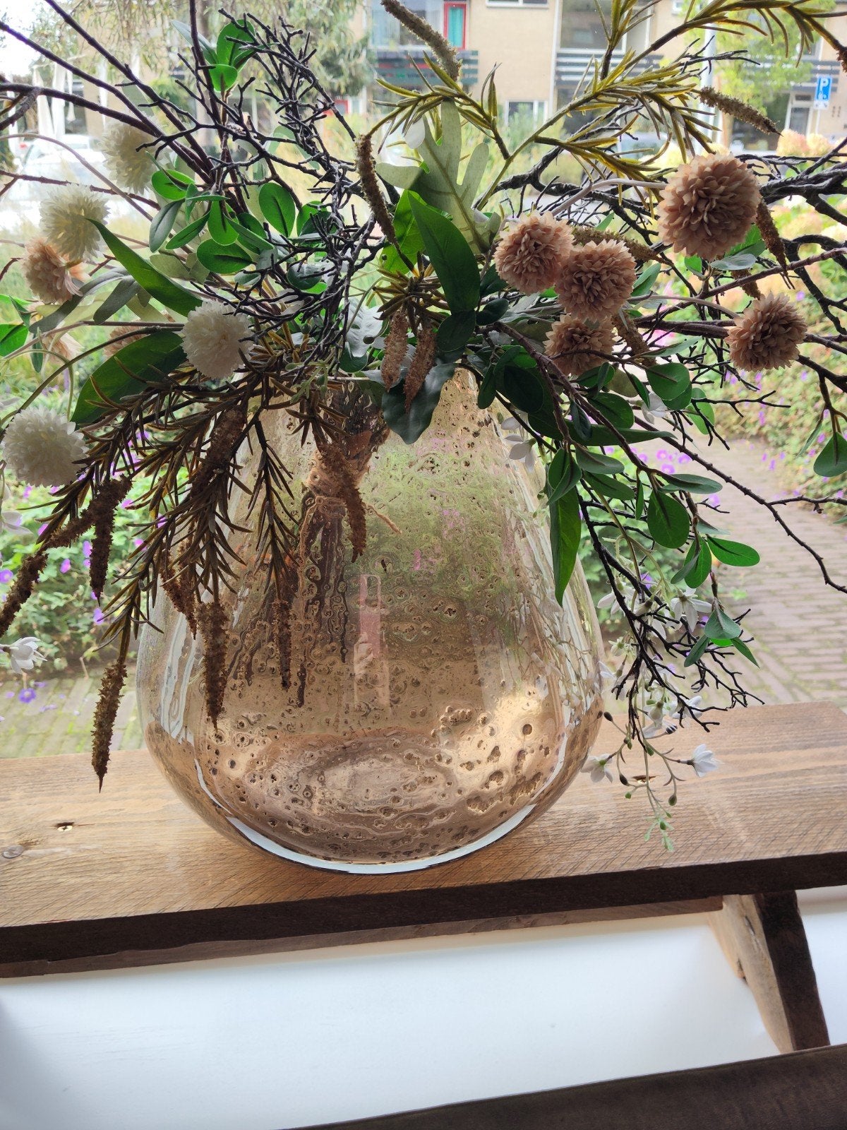 Grote glazen vaas met bubbelstructuur, Ophalen, Bruin, 36 cm, Geschikt voor droogbloemen