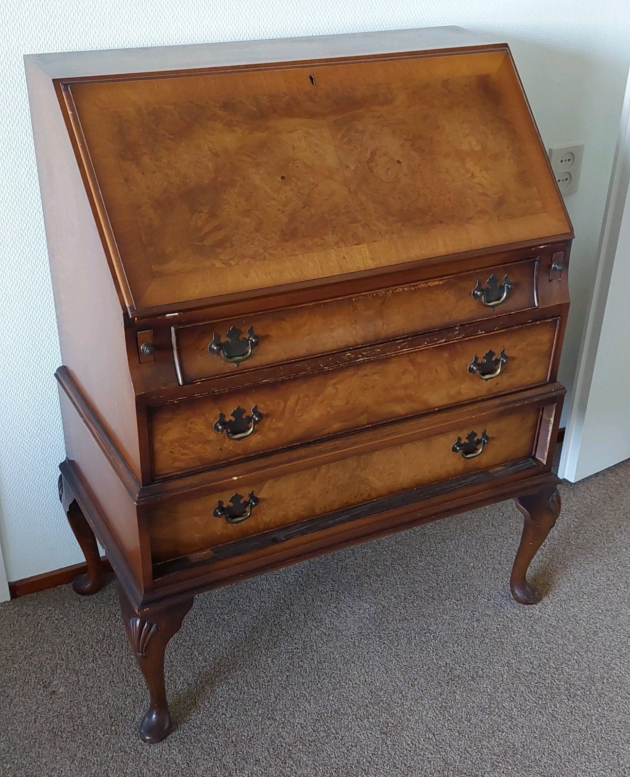 Antiek secretaire bureau met ladeblokken en leren blad, Ophalen