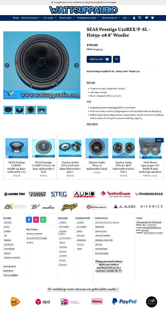 SEAS Prestige U22REX/P-SL - H1659-08 8" Woofer 20cm, Overige merken, Gebruikt, ., Ophalen of Verzenden