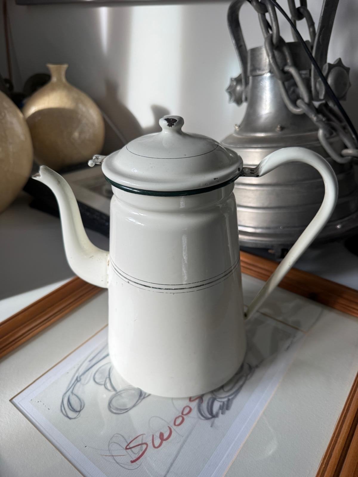 Vintage geëmailleerde koffiepot - Wit met groene rand, Ophalen