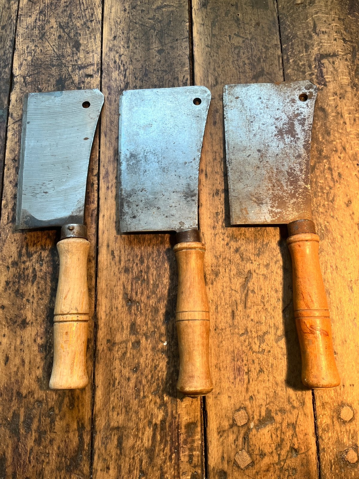 3x antieke Franse Slagersbijl BBQ hakmes setprijs, Ophalen of Verzenden, Zo goed als nieuw, Rvs of Chroom