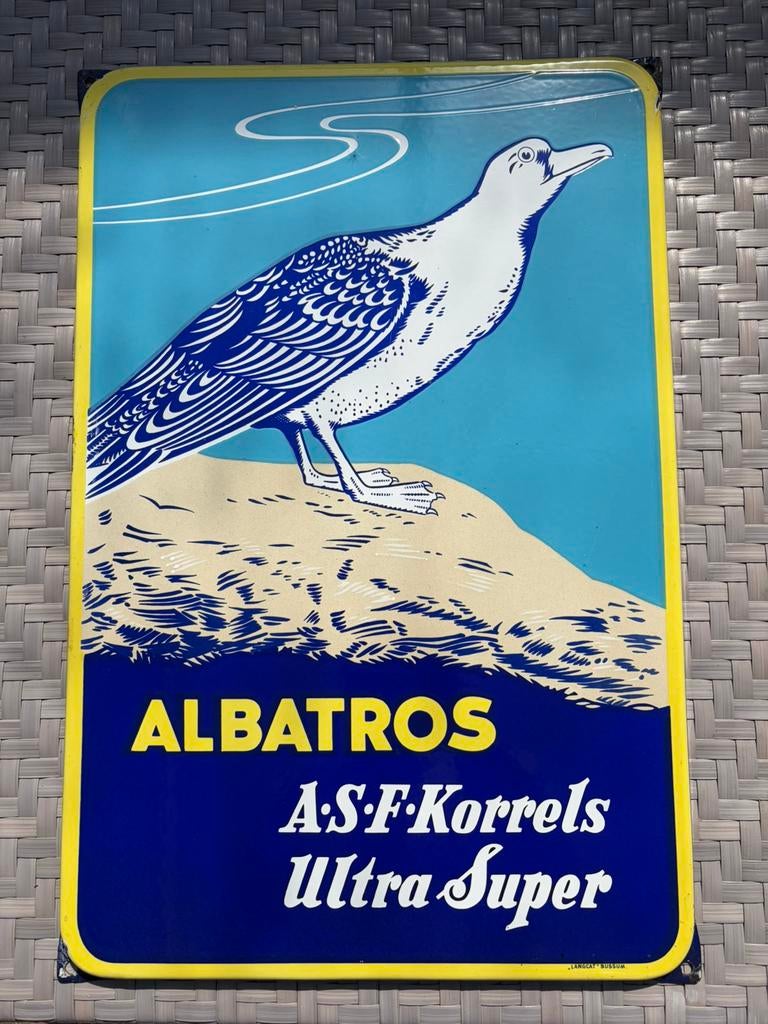 Emaille reclamebord Albatros, langcat Bussum, Ophalen of Verzenden, Gebruikt, Reclamebord