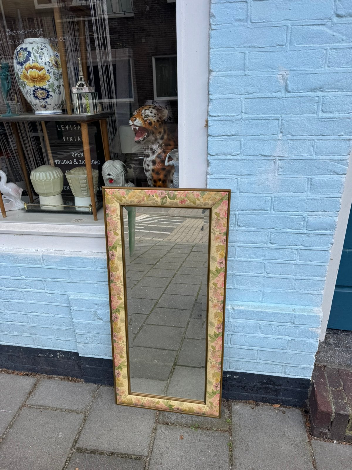 Spiegel vintage passpiegel goud rand gouden bloemen pastel, Ophalen, Rechthoekig, Minder dan 50 cm, Minder dan 100 cm