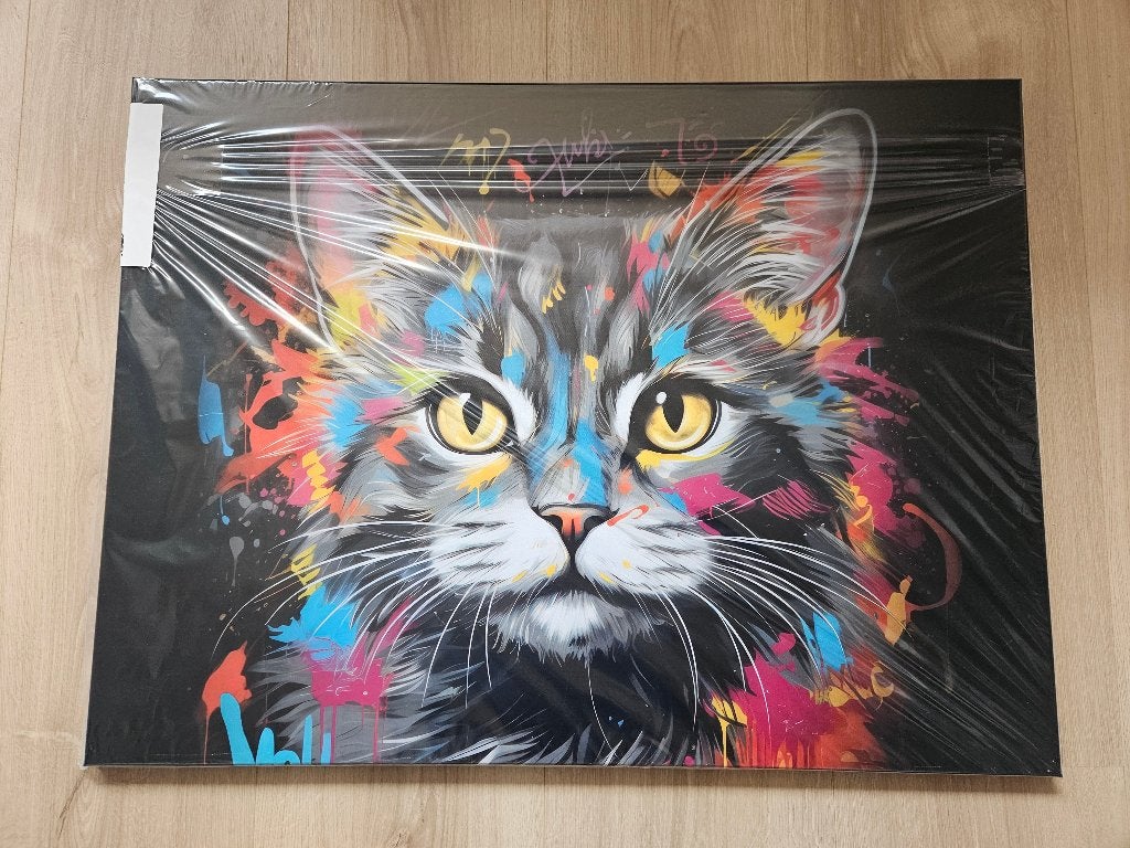 Nieuw - Canvas 80x60 cm - Kat / Graffiti / Dieren / Grijs, 50 – 75, Nieuw, Ophalen of Verzenden, Schilderij