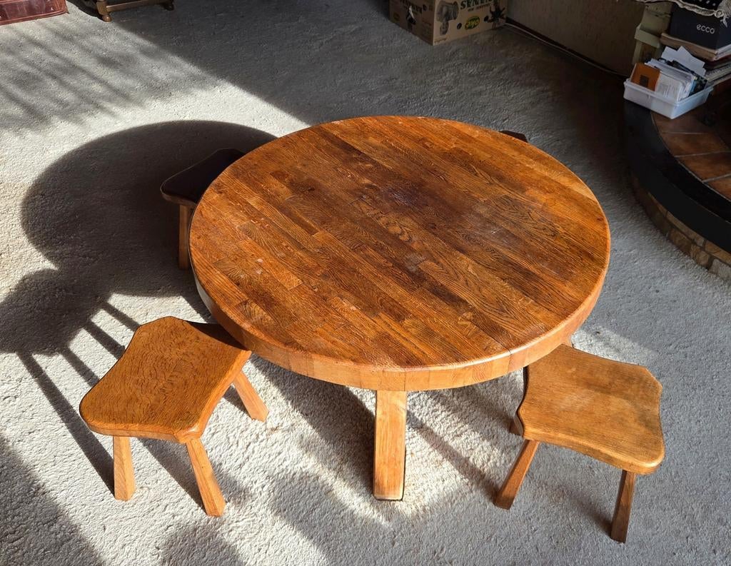 Massieve eikenhouten salontafel - 100cm rond incl 4 krukjes, Ophalen, Gebruikt, 50 tot 100 cm, 50 tot 100 cm