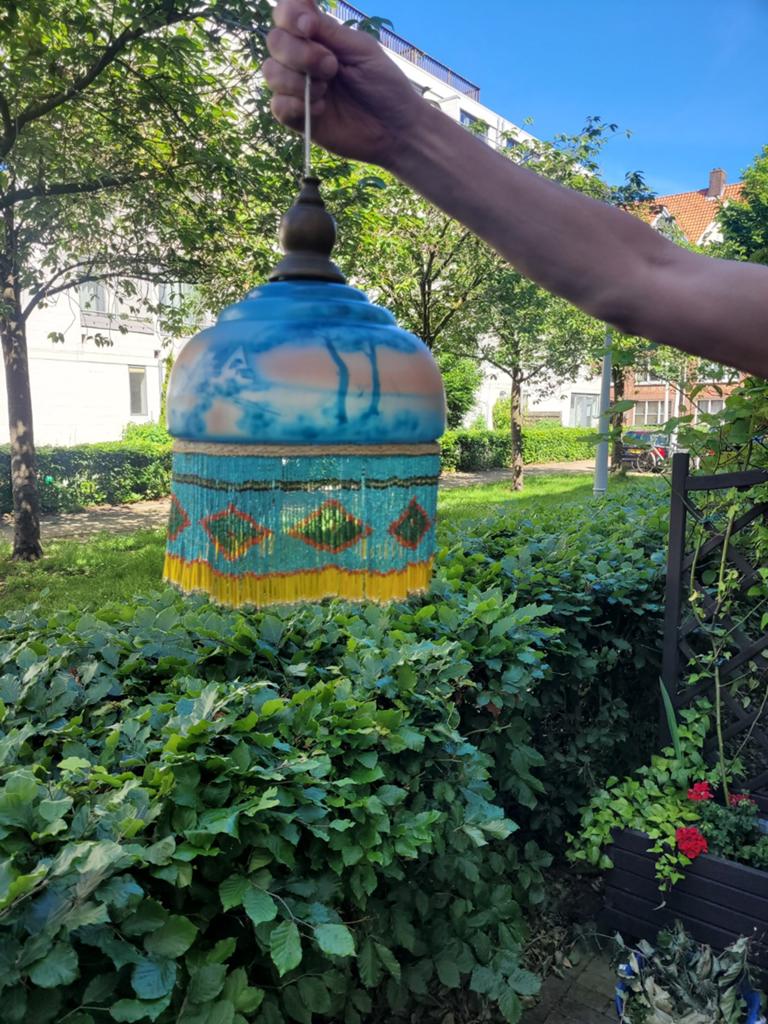 Vintage glazen lampenkap met kralenrand, Ophalen of Verzenden