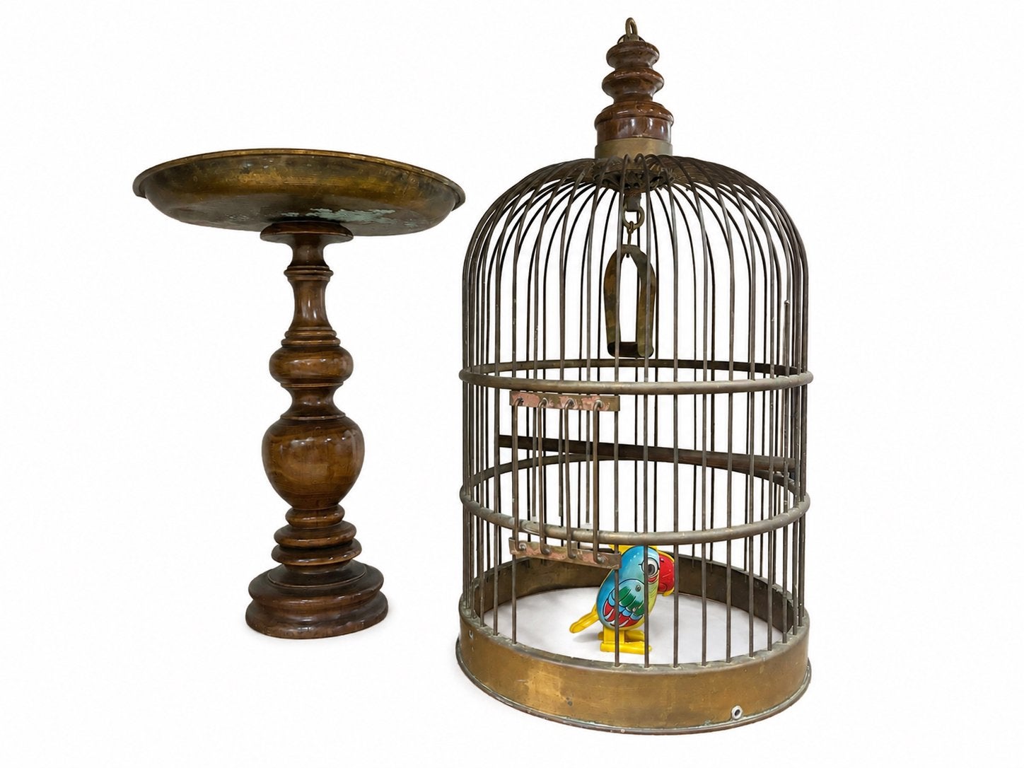 Antieke vogelkooi met houten standaard, Ophalen of Verzenden