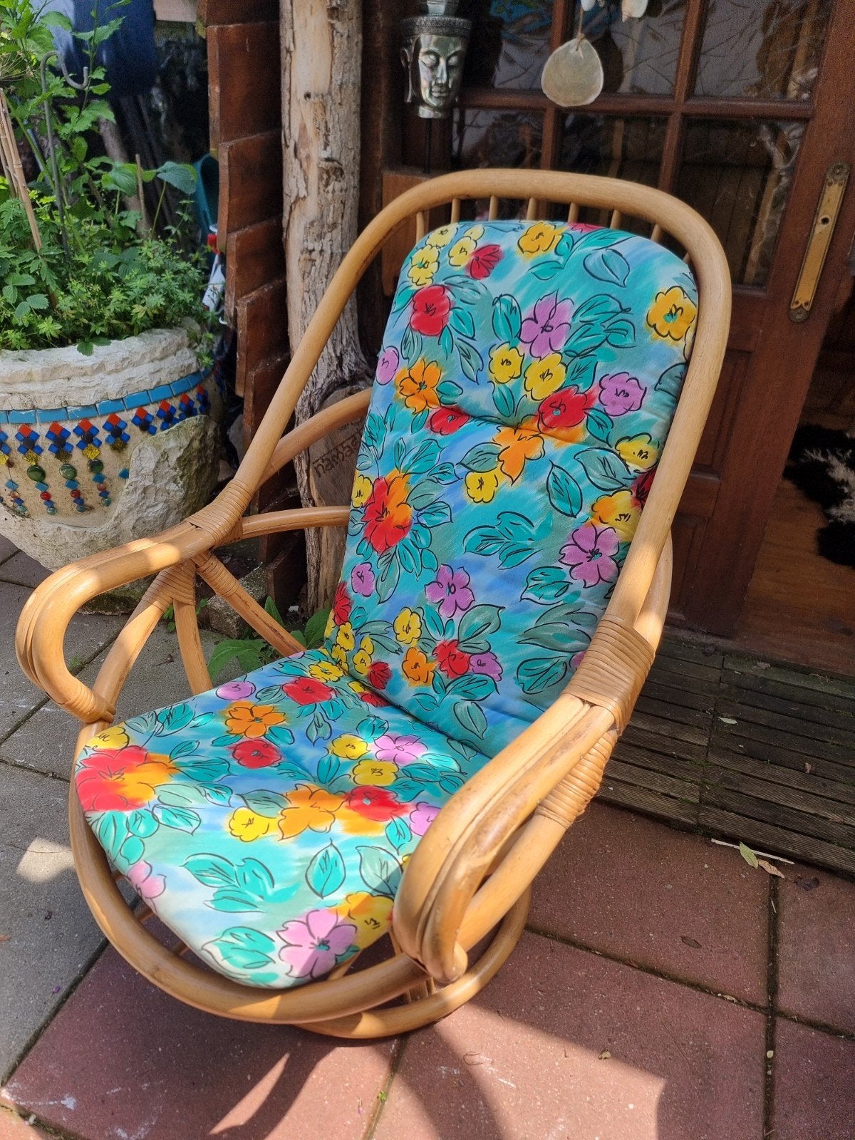 Vintage 70's bamboe rotan draaistoel, Ophalen, Gebruikt, Vintage retro 70's, 75 tot 100 cm