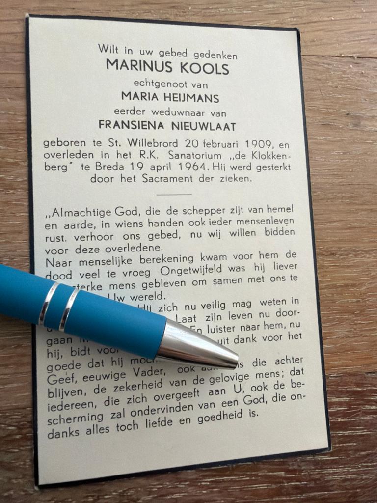 Kools Marinus willebrord 1964 Breda x Nieuwlaat x Heijmans, Ophalen of Verzenden, Bidprentje
