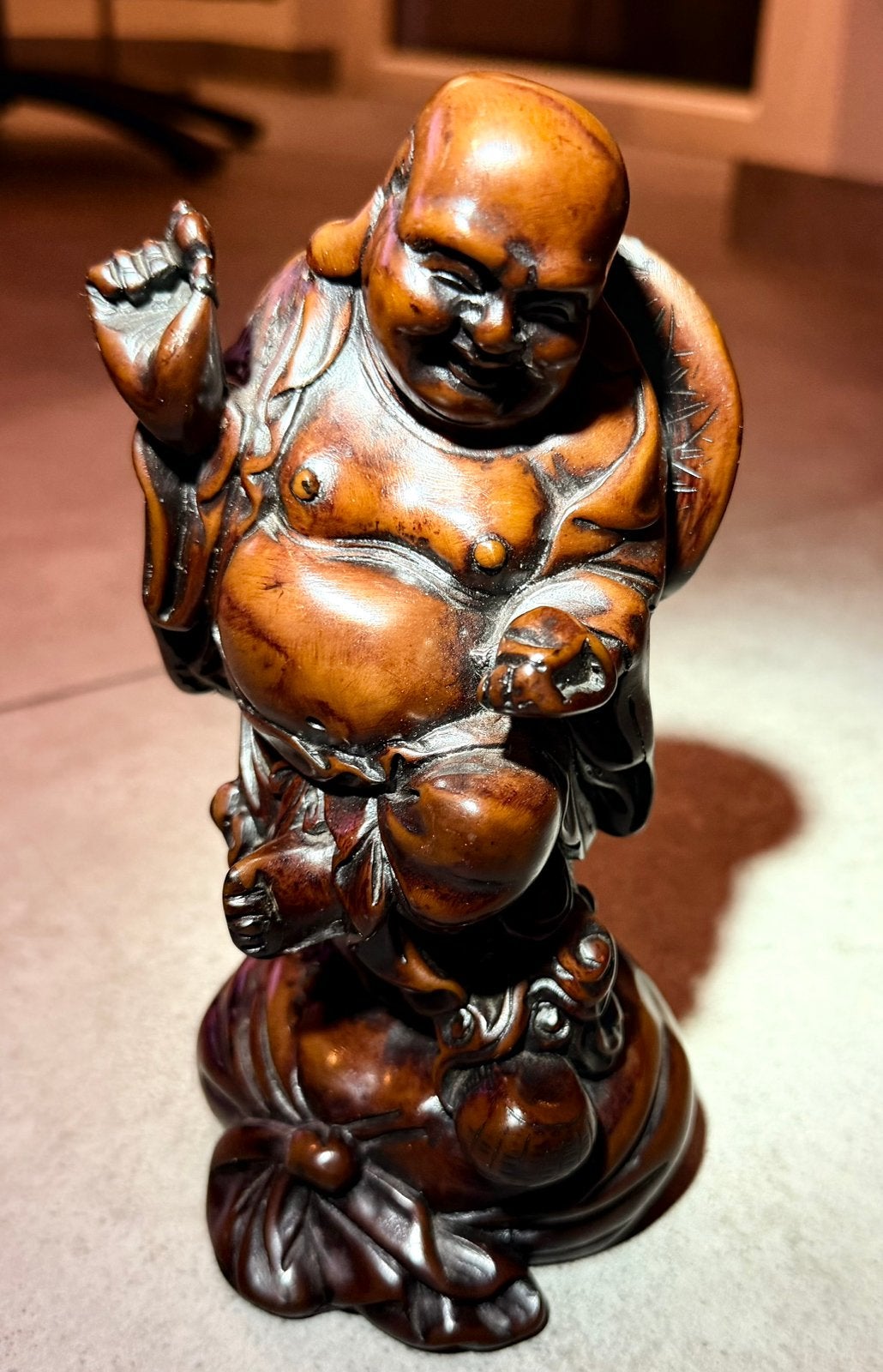 Handgesneden Houten Hotei (Lachende Boeddha) met Kinderen, Ophalen, Gebruikt, Hout, Bruin