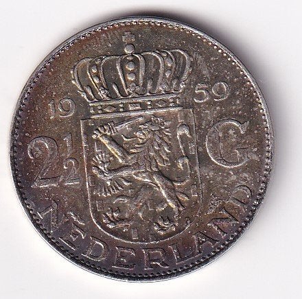 2 1/2 Gulden 1959 Zeer Fraai met diverse muntkleuren, Postzegels en Munten, Munten | Nederland, Koningin Juliana, Verzenden, Zilver