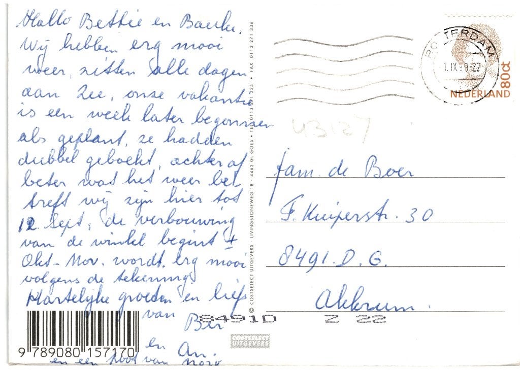 43127 Klederdracht Zeeland Vuurtoren Gelopen met postzegel, Verzenden, 1980 tot heden, Gelopen, Noord-Brabant