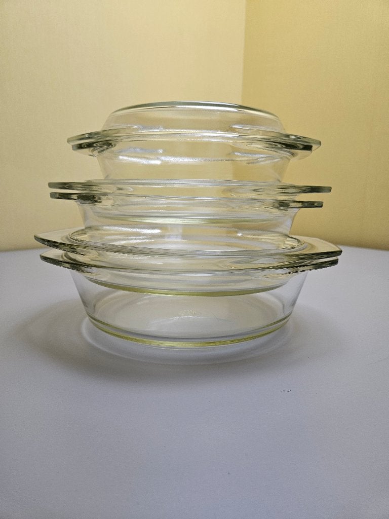 3 stapelbare dekschalen ovenschalen met deksel -glas- Simex, Huis en Inrichting, Ophalen of Verzenden, Zo goed als nieuw, Overige merken