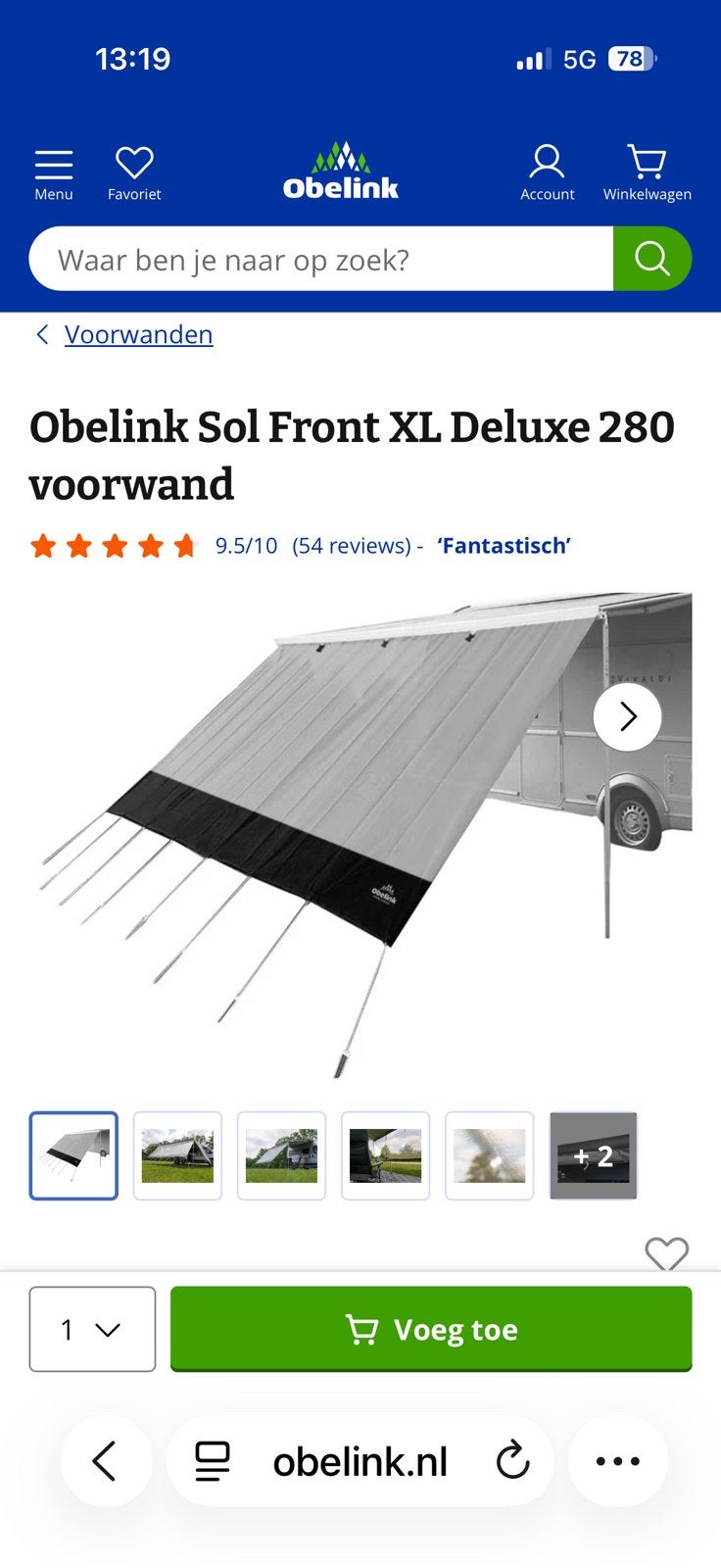 Schaduwdoek  Obelink sol front xl280 schaduw doek, Ophalen of Verzenden, Gebruikt