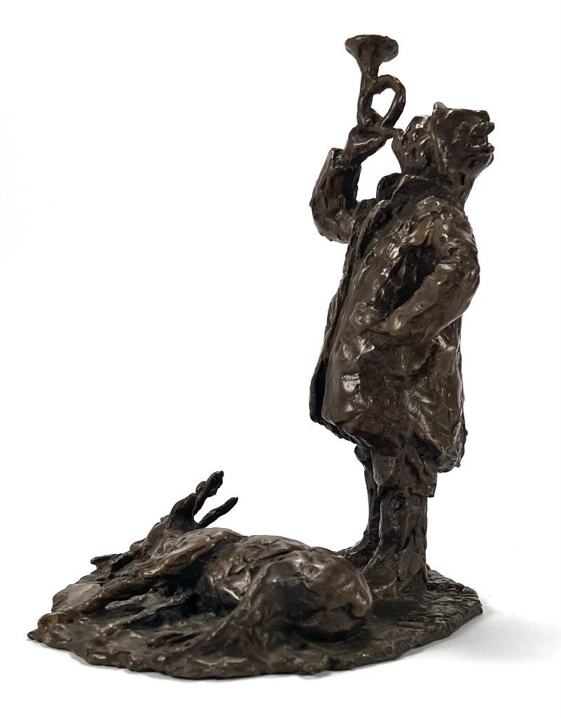 107. Bronzen beeld - jager met dood hert, 20e eeuw, Ophalen of Verzenden