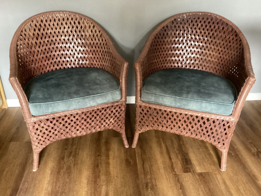 Twee gevlochten leren fauteuils, Huis en Inrichting, Fauteuils, Ophalen, Gebruikt, 50 tot 75 cm, Leer