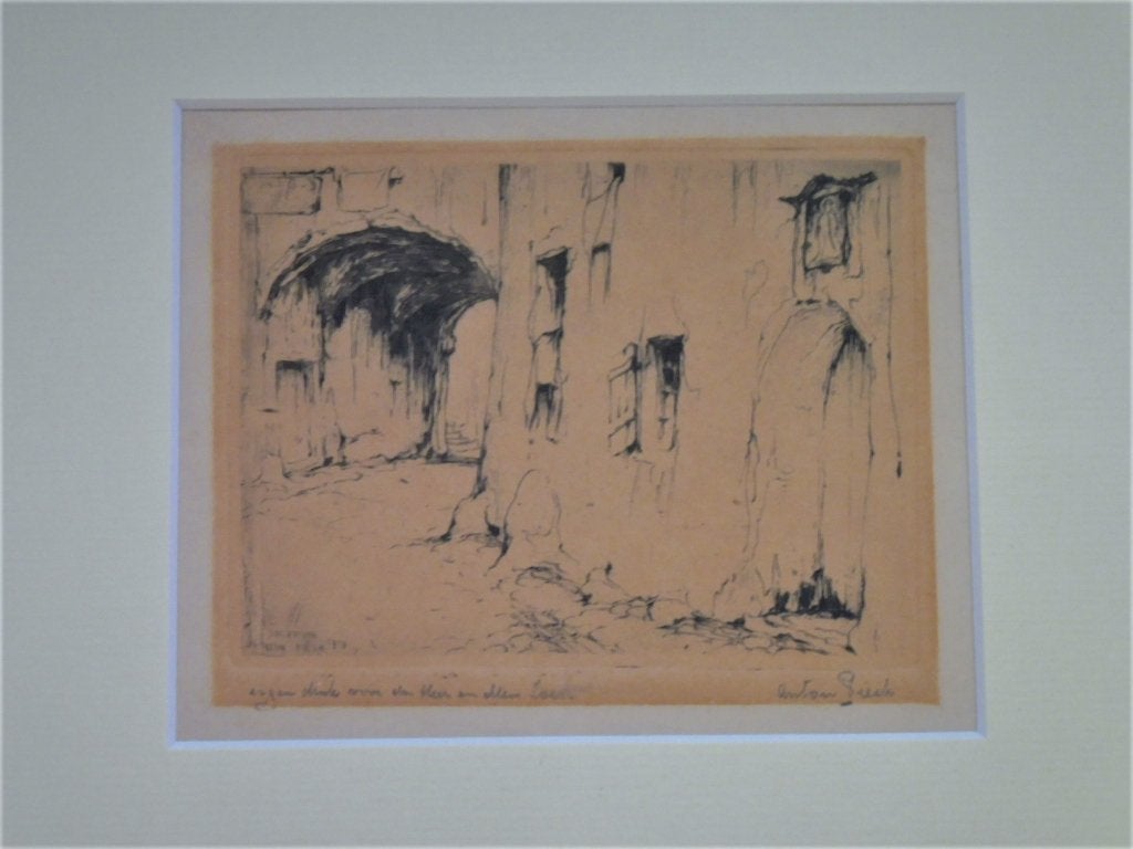 Originele ets Anton Pieck Het straatje Salzburg 1919 gesign., Ingelijst, Ets, Stadsgezicht, Ophalen of Verzenden