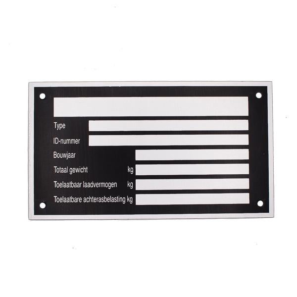 Typeplaat / typeplaatje 125 x 70 mm aluminium, Ophalen of Verzenden, NB, NB, NB