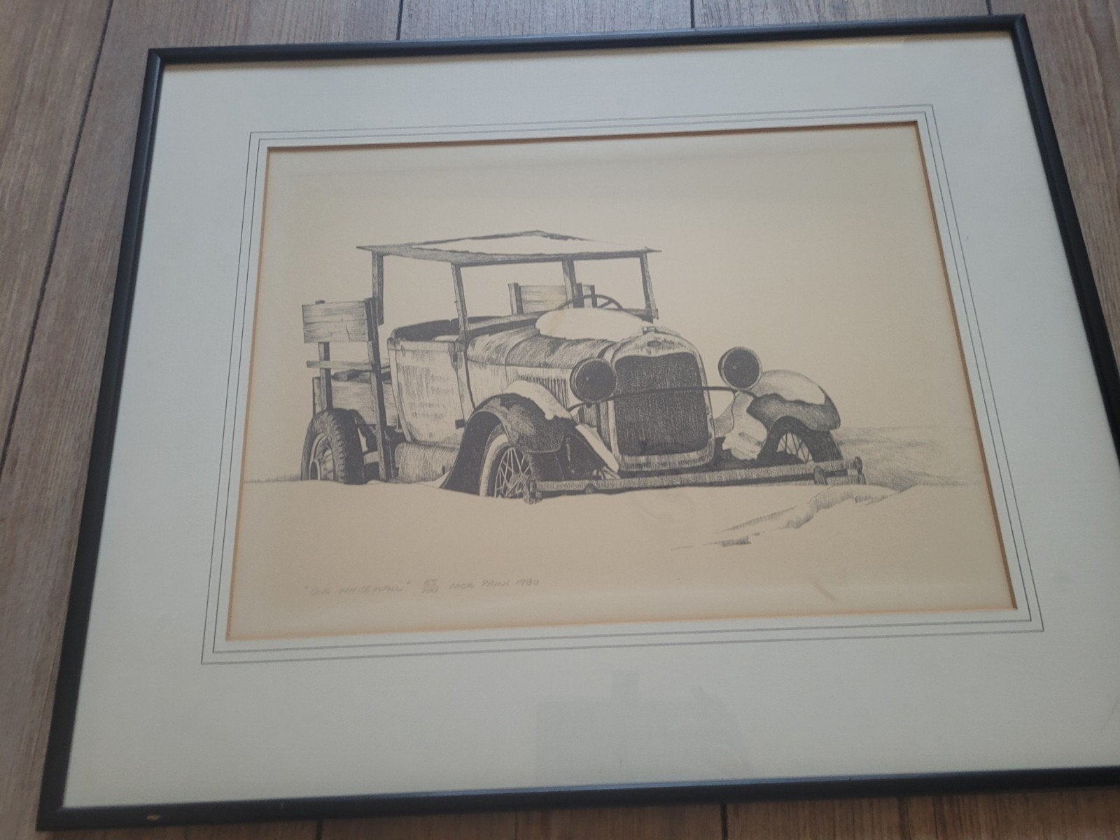 Ingelijste potloodtekening van klassieke auto, genummerd, Ophalen, Tekening, Potloodtekening, Genummerd