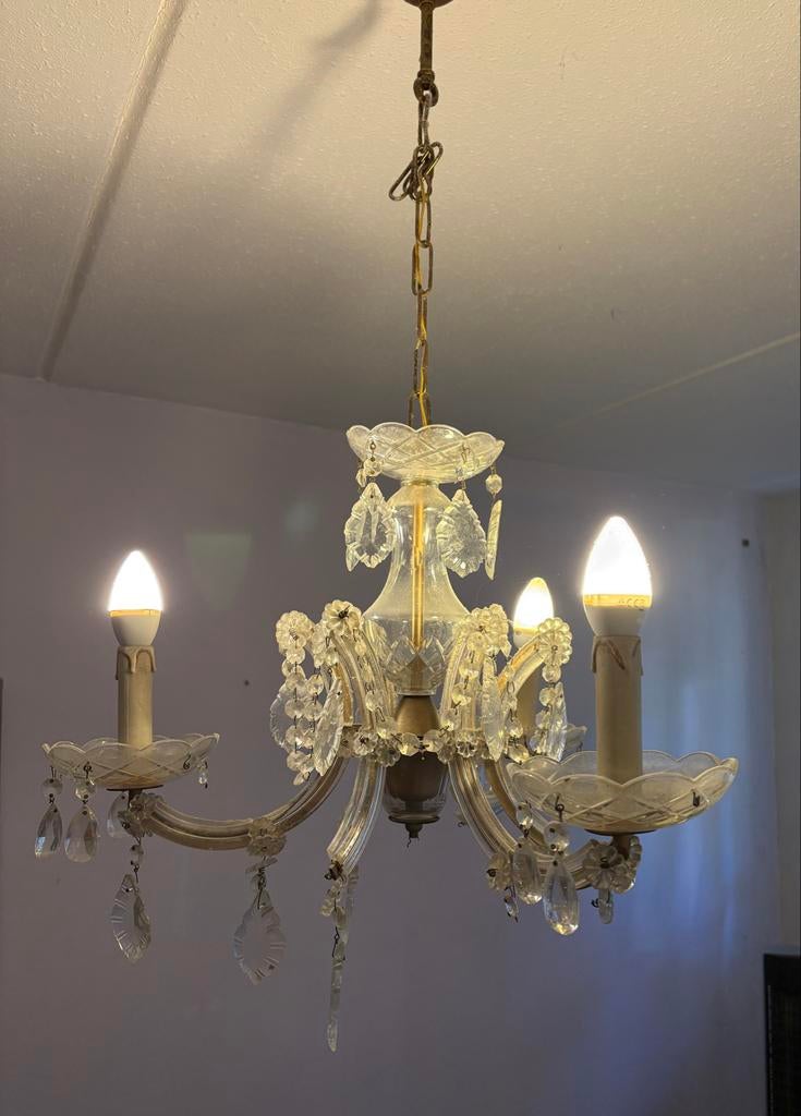Vintage Kristallen Kroonluchter met 3 Lichten, Ophalen of Verzenden, Gebruikt, Glas