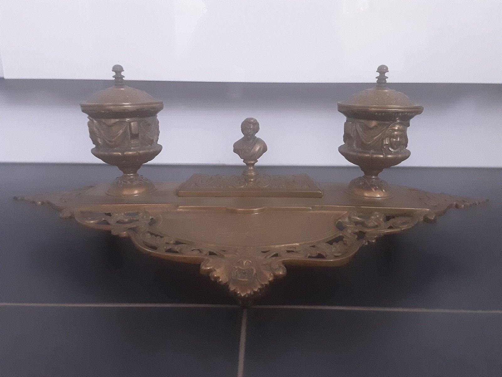 Antieke bronzen inktstel met buste, Souvenir D'Anvers 1894., Ophalen of Verzenden