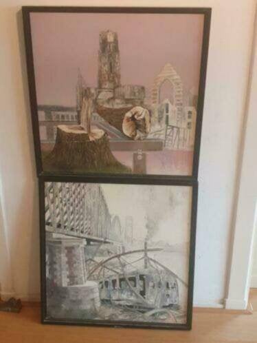 2 schilderijen Dirk de Boer Rotterdam Laurenskerk spoorbrug, Ophalen