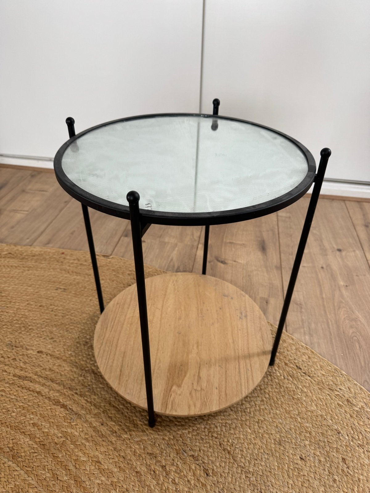 Rond bijzettafeltje met glasplaat en houten plank, Minder dan 55 cm, Gebruikt, Rond, Glas