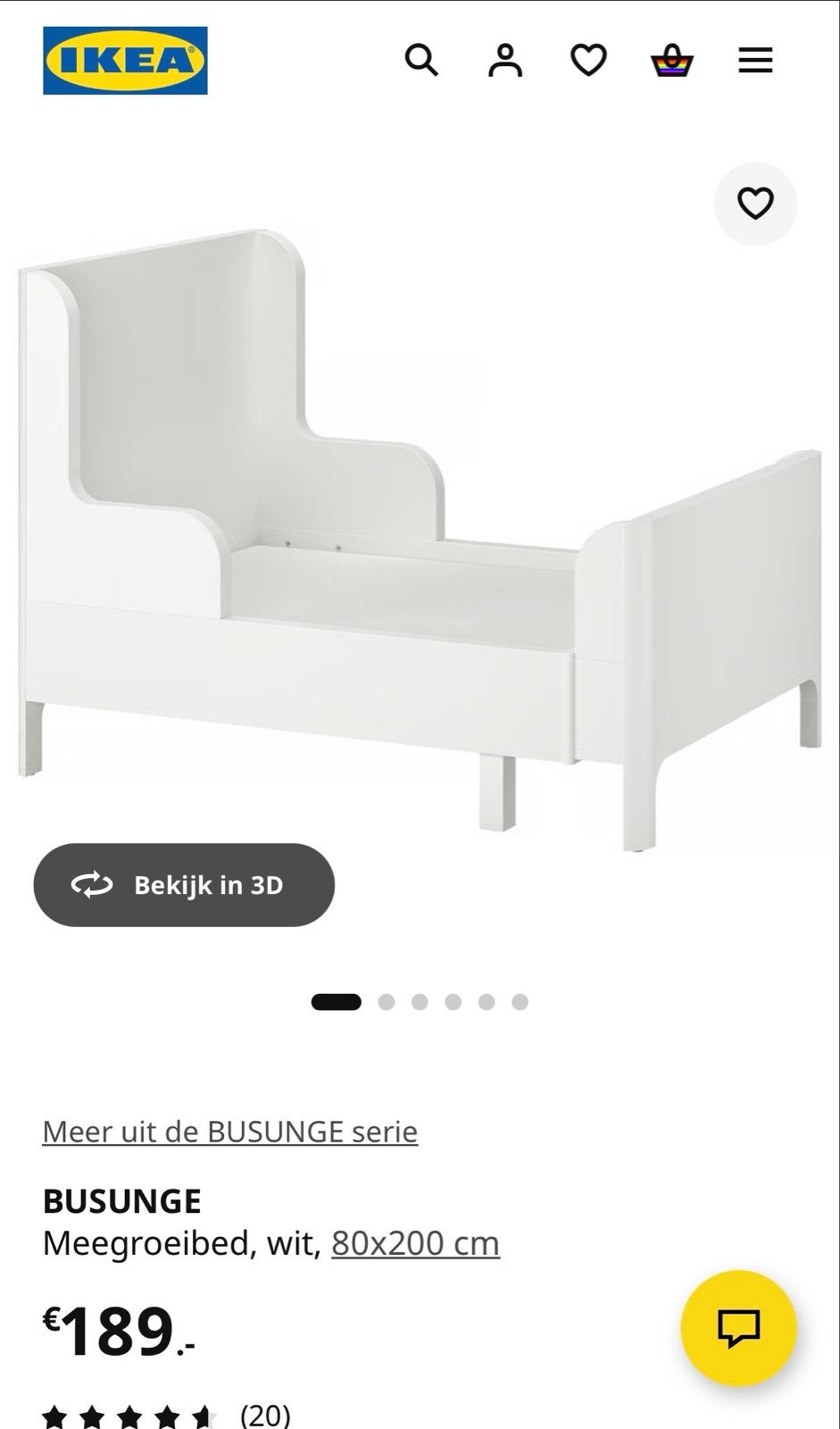 IKEA BUSUNGE Meegroeibed wit 80x200 cm (excl. matras), Ophalen, Eenpersoons, Wit, 80 cm