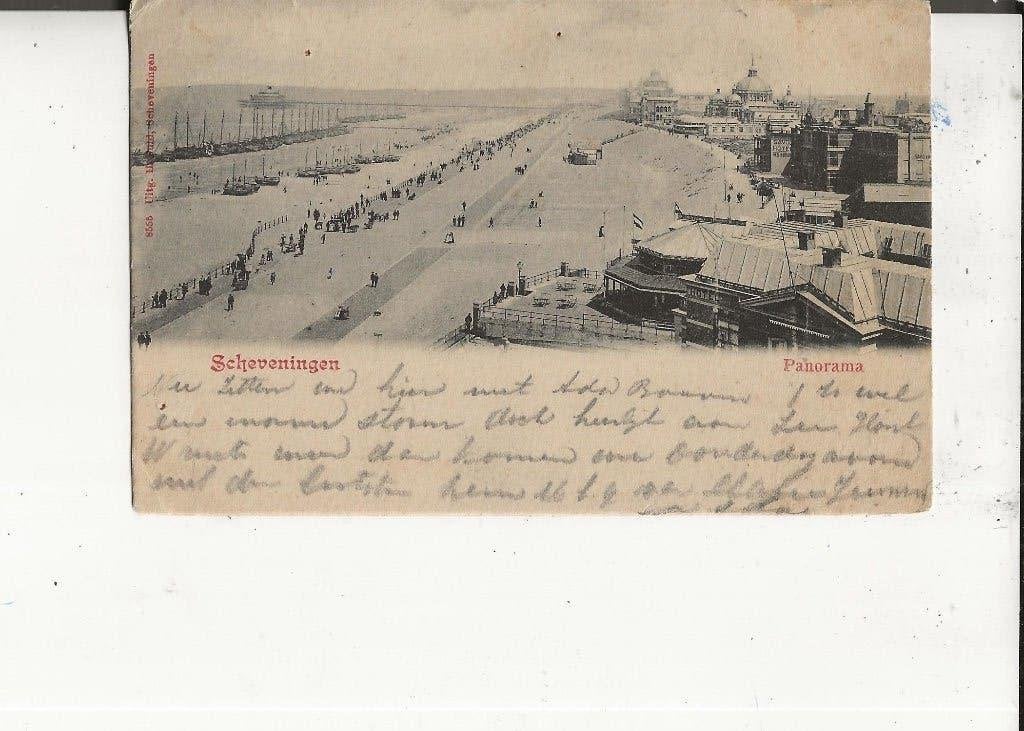 Scheveningen Panorama met bomschuiten H Fuld 27 aug 1902, Ophalen of Verzenden, Voor 1920, Gelopen, Zuid-Holland