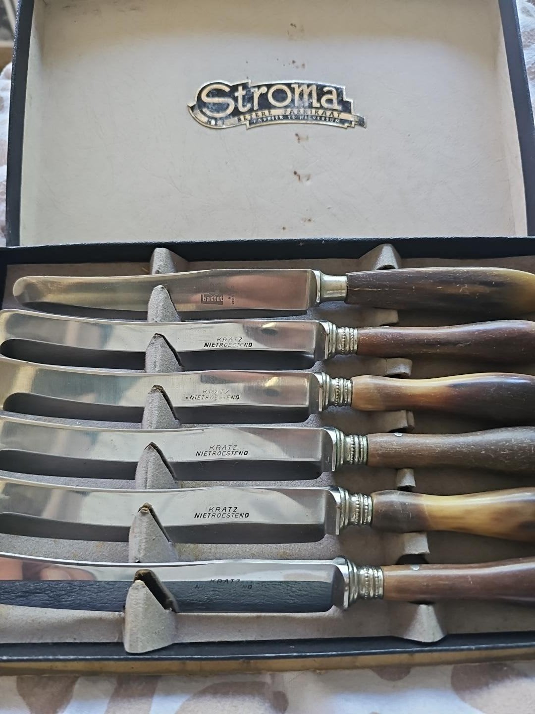 Vintage Stroma messenset – 6 messen met echte hoornen handgr, Antiek en Kunst, Antiek | Bestek, Ophalen of Verzenden
