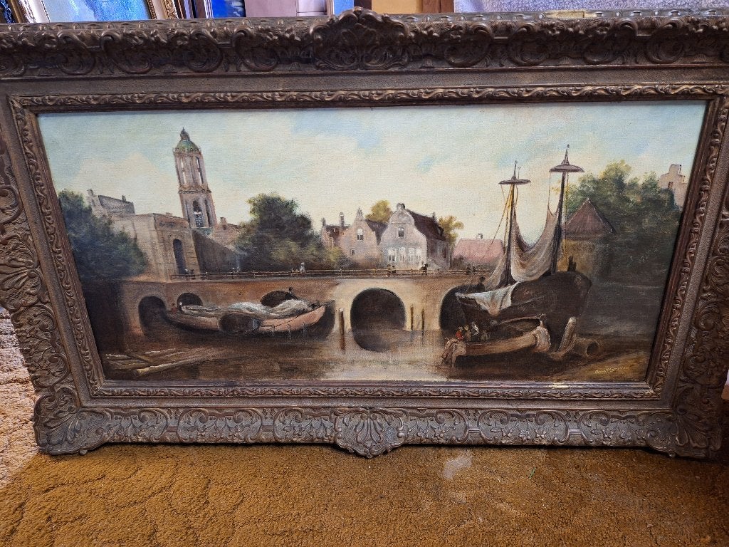 Schilderij, Oud hollands, Ophalen of Verzenden, Olieverf, Stads- / dorpsgezicht