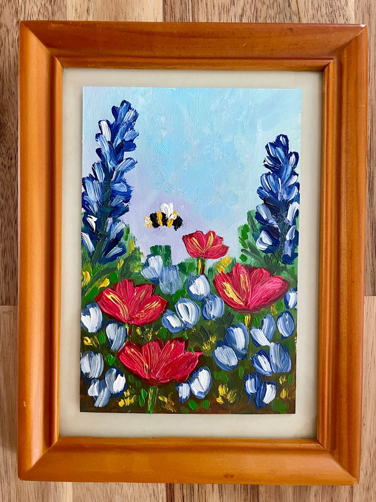 Bijen en bloemen schilderij - Handgeschilderd, Bloemen, Realistisch, Handgeschilderd, Olieverf
