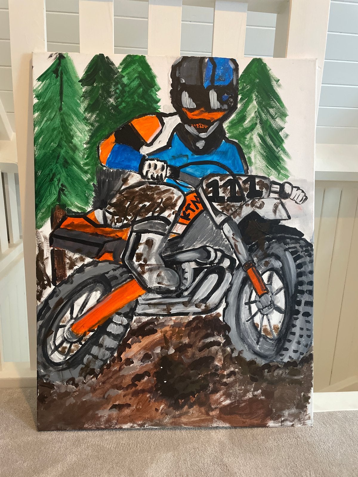 Uniek handgeschilderd motorcross schilderij, Antiek en Kunst, Acrylverf, Handgeschilderd, Textiel, Ophalen