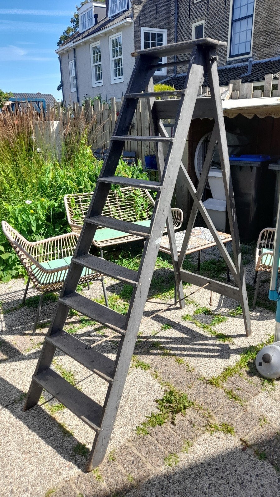 Antieke brocante robuuste houten trap / ladder, Ophalen