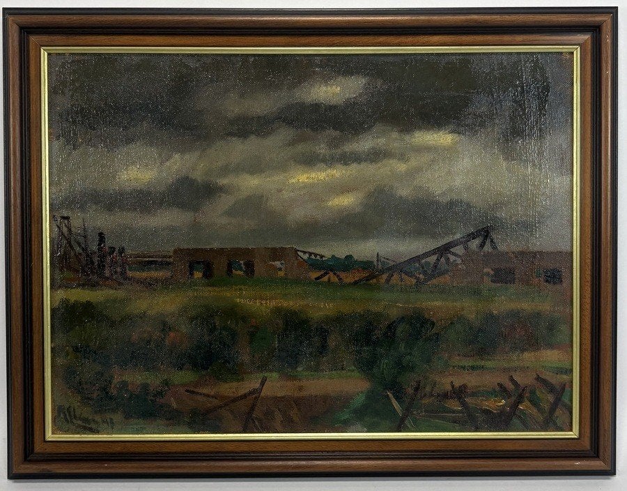 956. Olieverfschilderij, Ruurd Elzer – ingestorte brug, 1948, Antiek en Kunst, Ophalen of Verzenden, Olieverf, Landschap, Doek