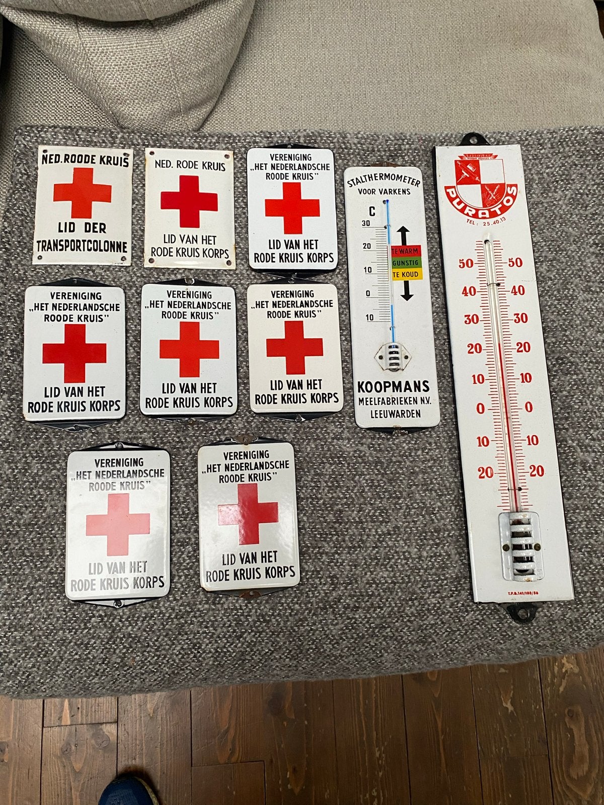 Vintage Emaille Borden: Rode Kruis en Thermometers, Verzamelen, Ophalen of Verzenden