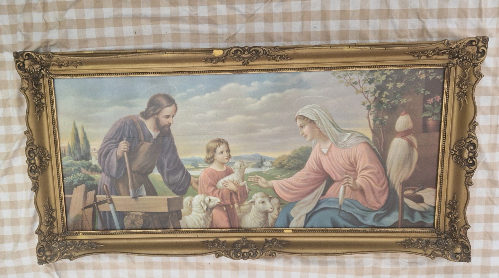 Grote Bijbelse Prent in Oude Lijst van Hout en Gips, Antiek en Kunst, Ophalen