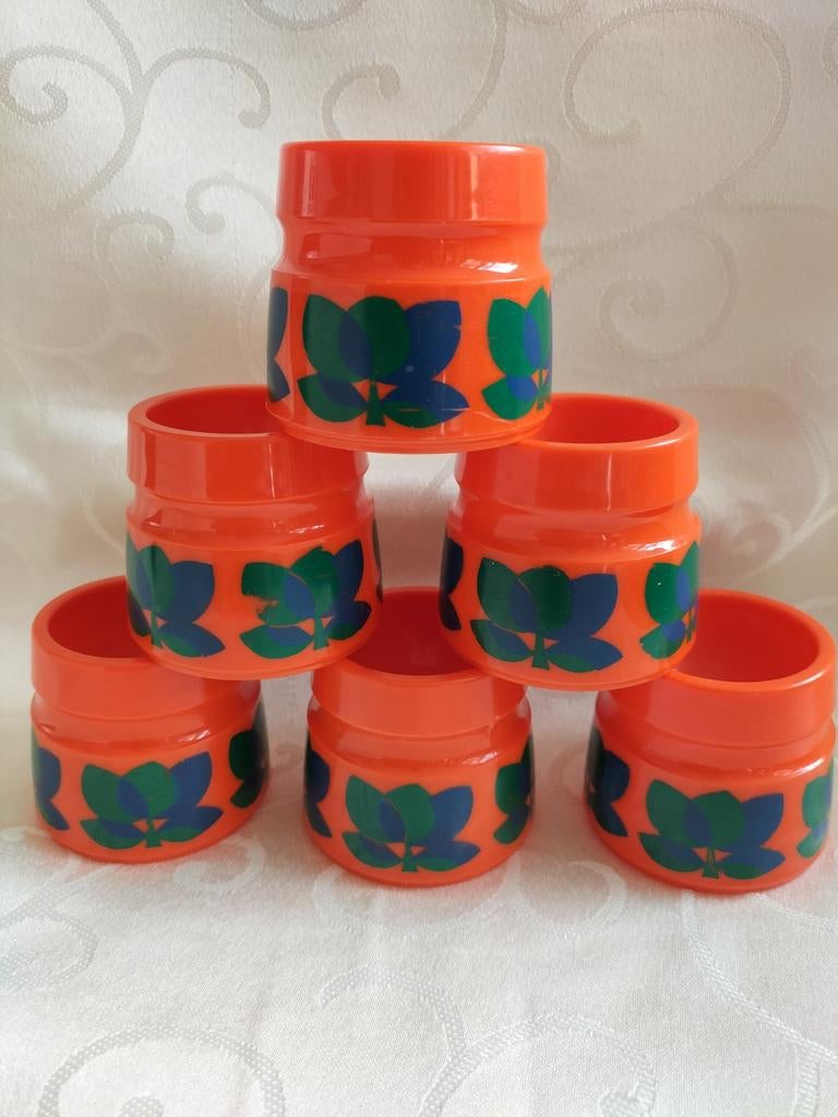 Vintage eierdopjes oranje Emsa Bologna stapelbaar 6 stuks, Overige materialen, Overige typen, Ophalen of Verzenden, Zo goed als nieuw