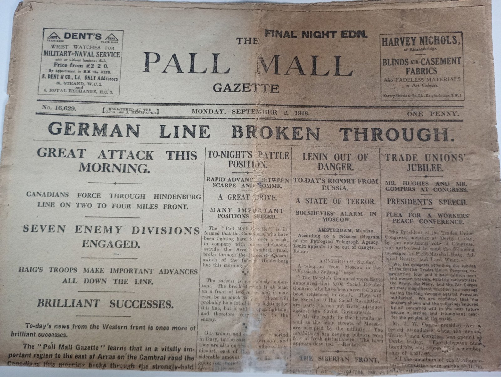 Originele Pall Mall Gazette - Eerste Wereldoorlog (1918), Verzamelen, ., Ophalen of Verzenden, ., Landmacht