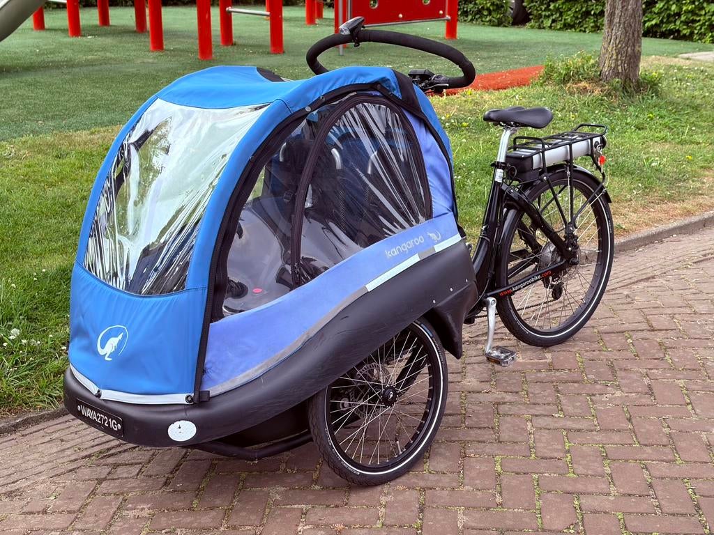Winther Kangaroo Luxe e-bakfiets / blauw huif, Fietsen en Brommers, Fietsen | Bakfietsen, Gebruikt, Huif, 2 kinderen, Schijfrem