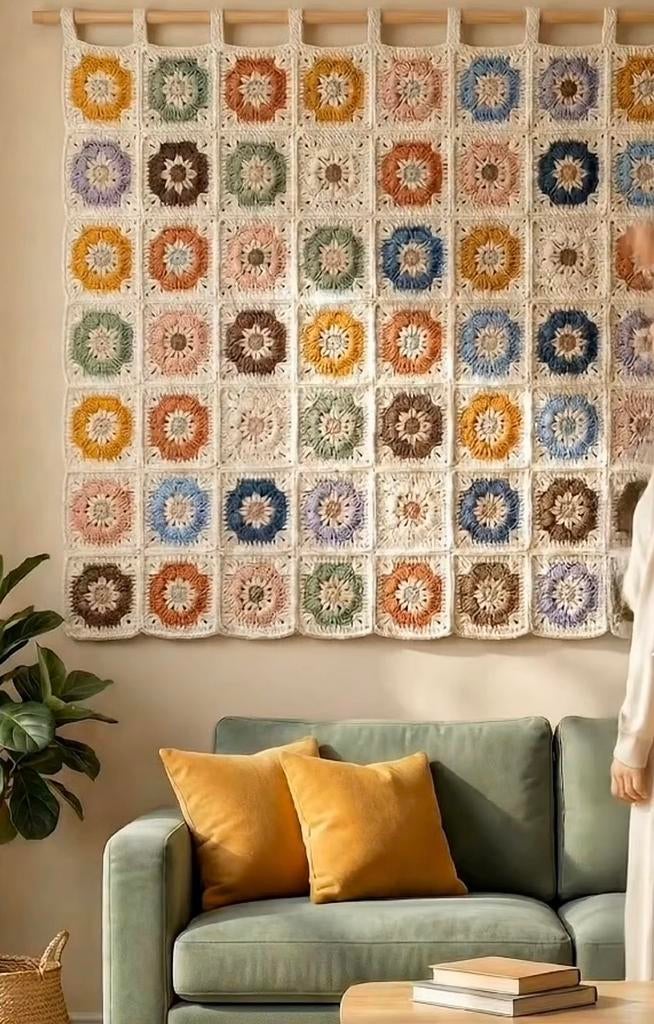Nieuw gehaakt wandkleed van pure katoen, 100x100 cm, Boho, Meerkleurig, Nieuw, Ophalen of Verzenden