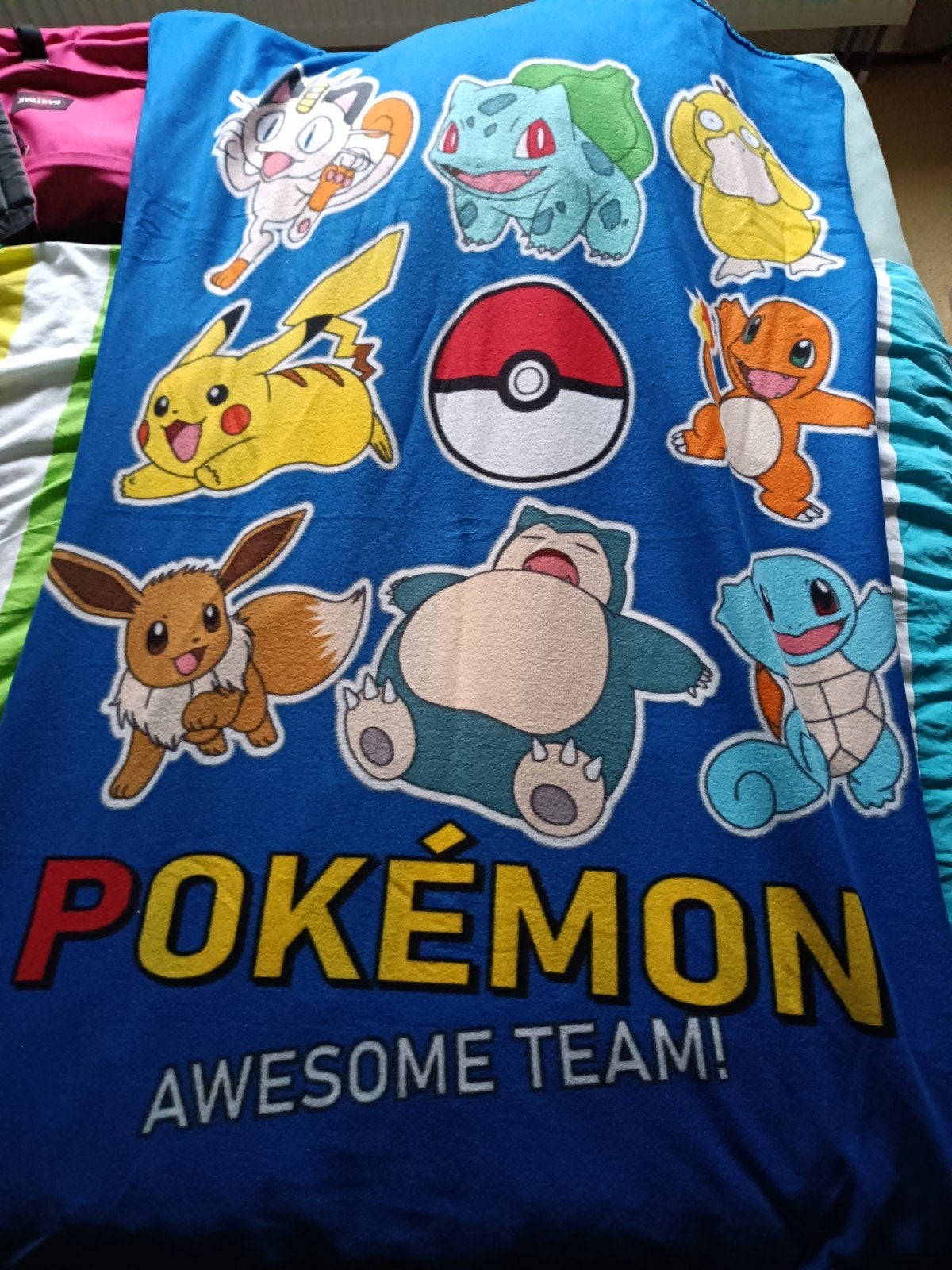 Pokémon deken - Awesome Team! Pikachu, Eevee, Snorlax, Gebruikt, Overige typen, Blauw, Ophalen of Verzenden