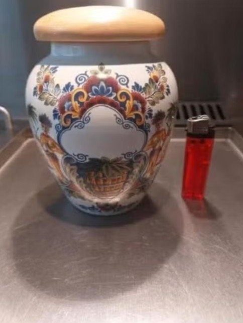 Tabakspot met houten deksel - Porceleyne fles, Ophalen of Verzenden