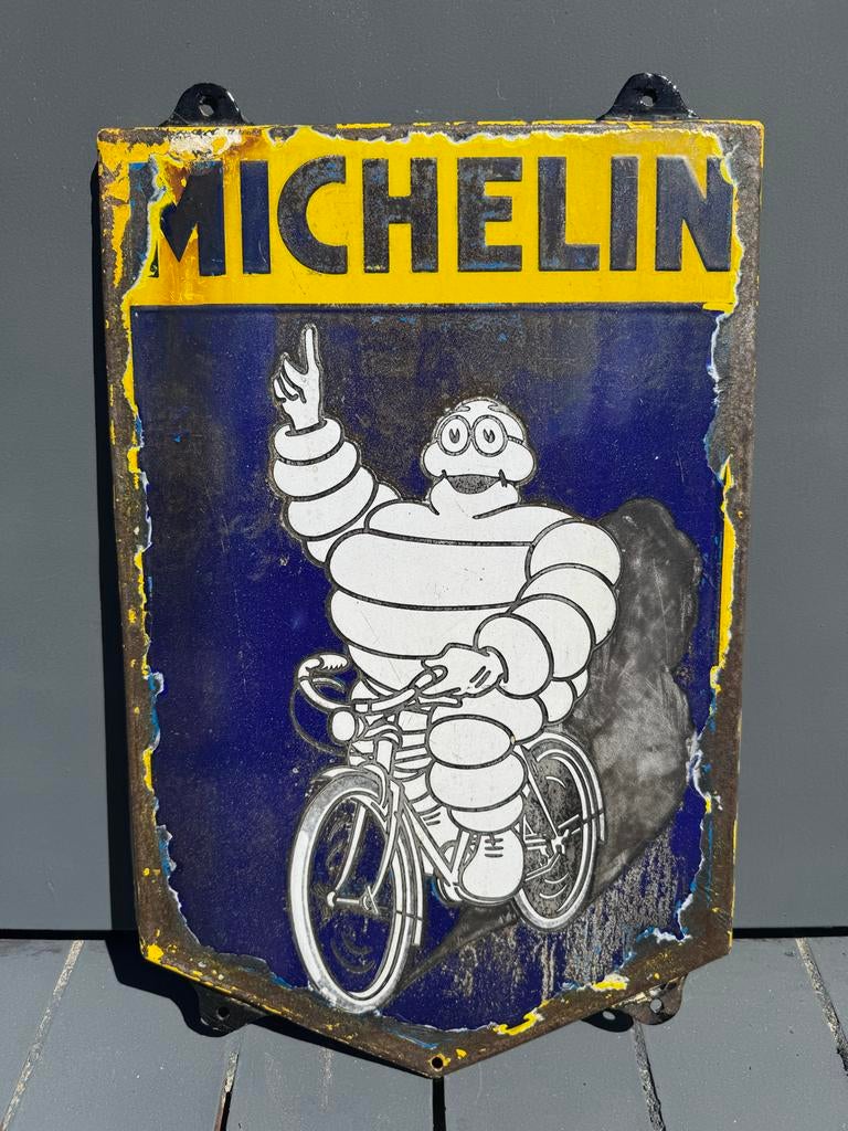 Vintage Michelin Emaille Bord - Bibendum op Fiets, Ophalen of Verzenden