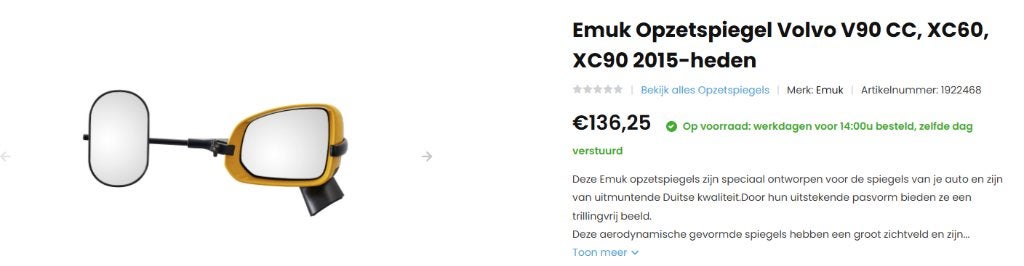 Emuk Opzetspiegel Volvo V90 CC, XC60, XC90 2015-heden, Ophalen, Zo goed als nieuw