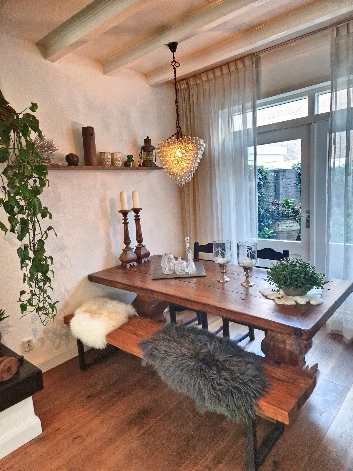 Grote tafel (kloostertafel) met hardhouten bankje 220 m, Huis en Inrichting, Tafels | Eettafels, Ophalen, 100 tot 150 cm, 200 cm of meer